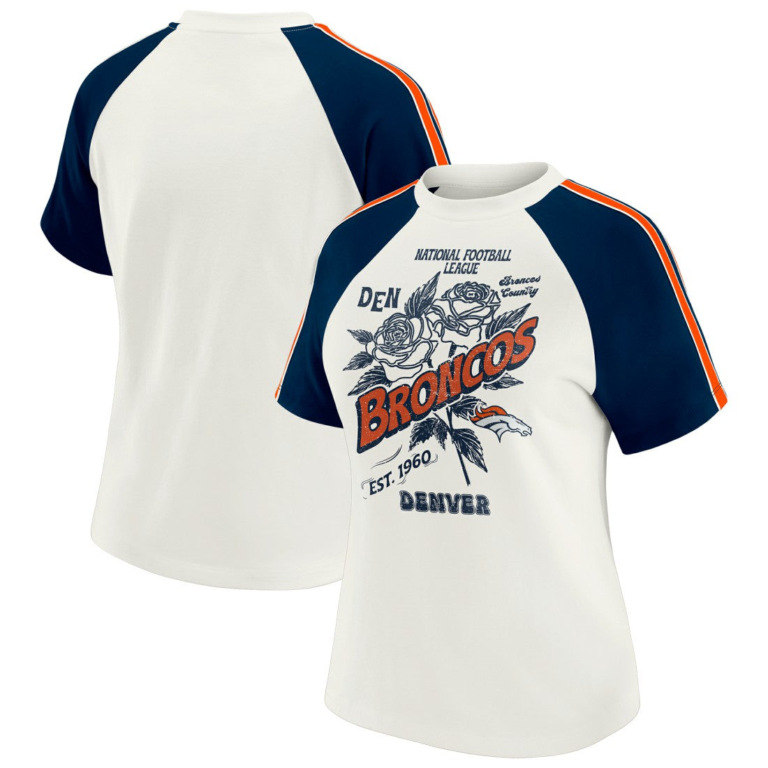 WEAR by Erin Andrews Women's Sleeve Stripe Distressed Raglan T-Shirt - Denver Broncos T-shirts