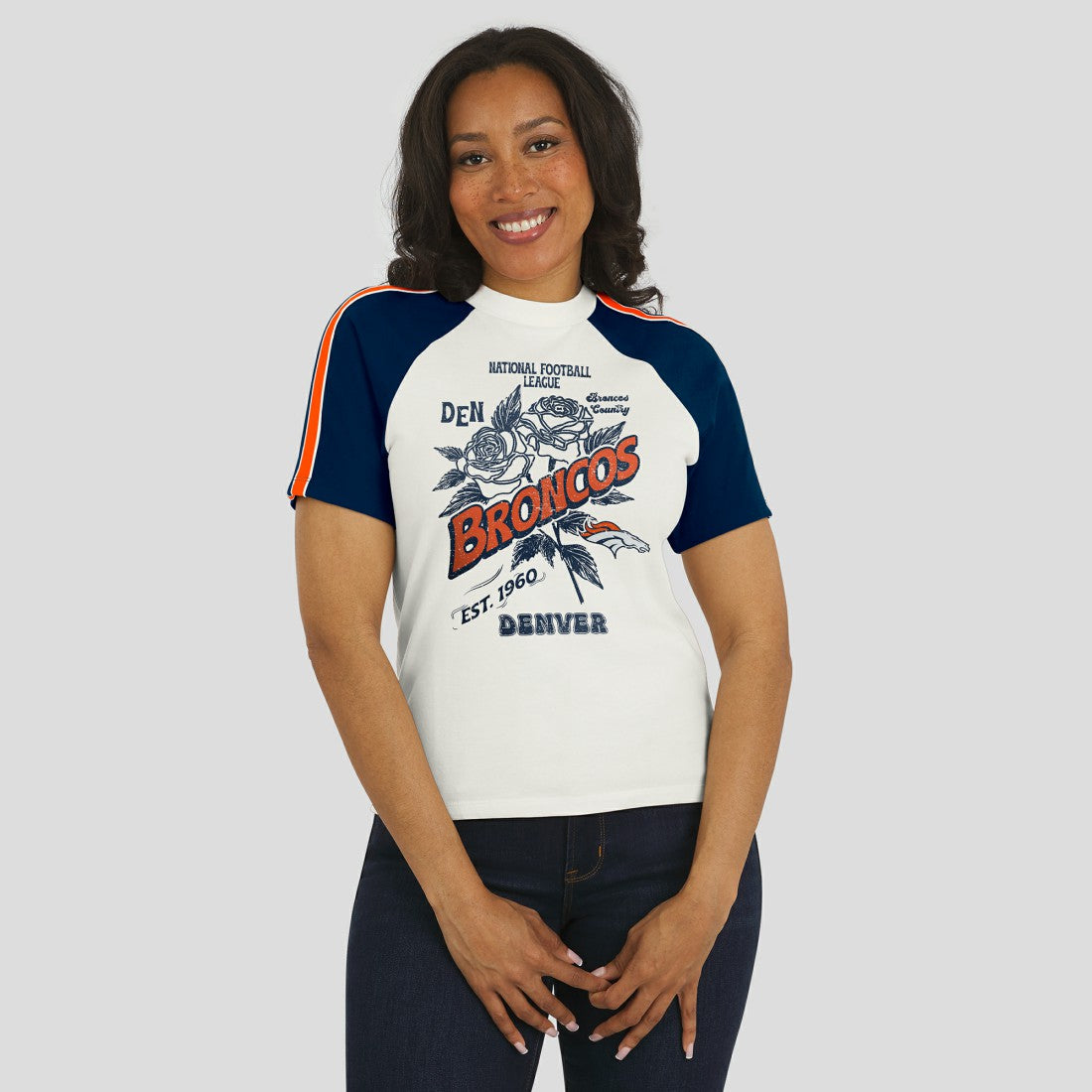 WEAR by Erin Andrews Women's Sleeve Stripe Distressed Raglan T-Shirt - Denver Broncos T-shirts