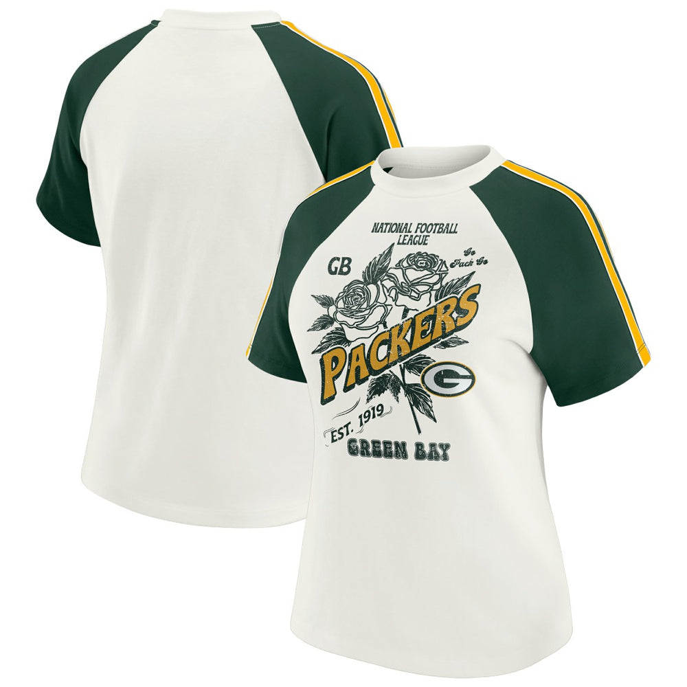 WEAR by Erin Andrews Women's Sleeve Stripe Distressed Raglan T-Shirt - Green Bay Packers T-shirts