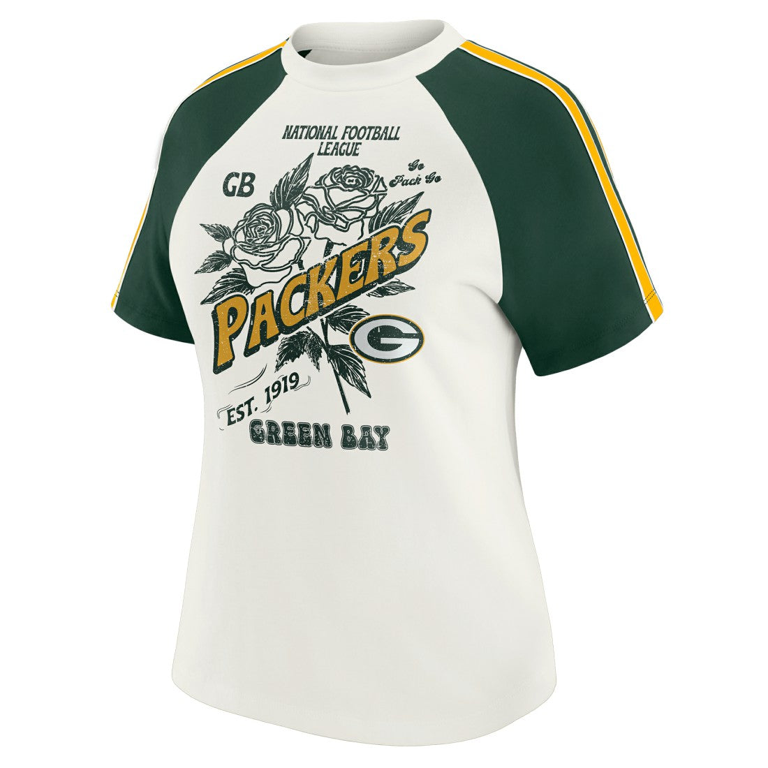 WEAR by Erin Andrews Women's Sleeve Stripe Distressed Raglan T-Shirt - Green Bay Packers T-shirts