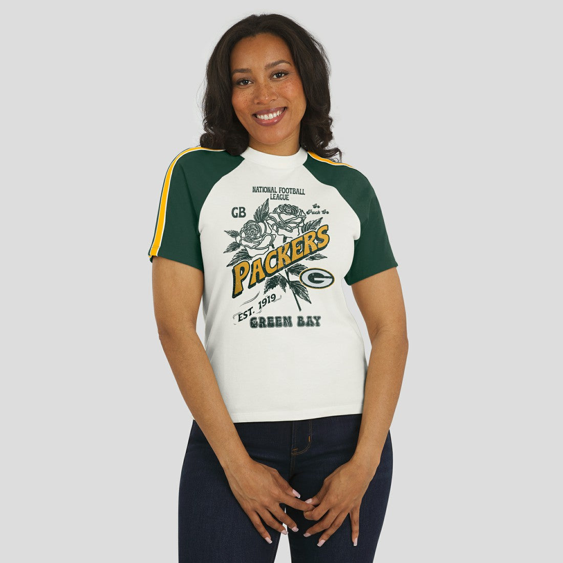 WEAR by Erin Andrews Women's Sleeve Stripe Distressed Raglan T-Shirt - Green Bay Packers T-shirts
