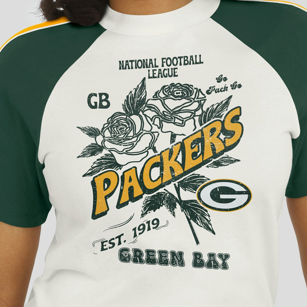 WEAR by Erin Andrews Women's Sleeve Stripe Distressed Raglan T-Shirt - Green Bay Packers T-shirts