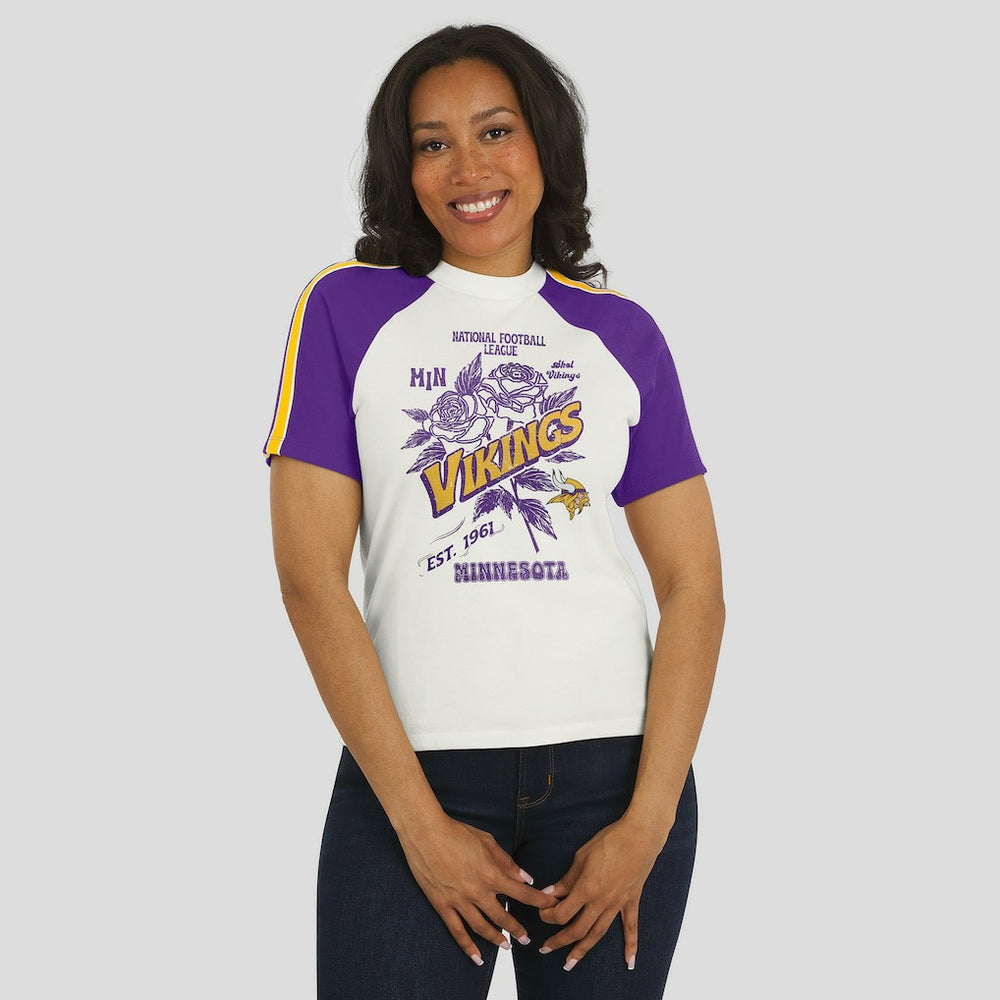 WEAR by Erin Andrews Women's Sleeve Stripe Distressed Raglan T-Shirt - Minnesota Vikings T-shirts