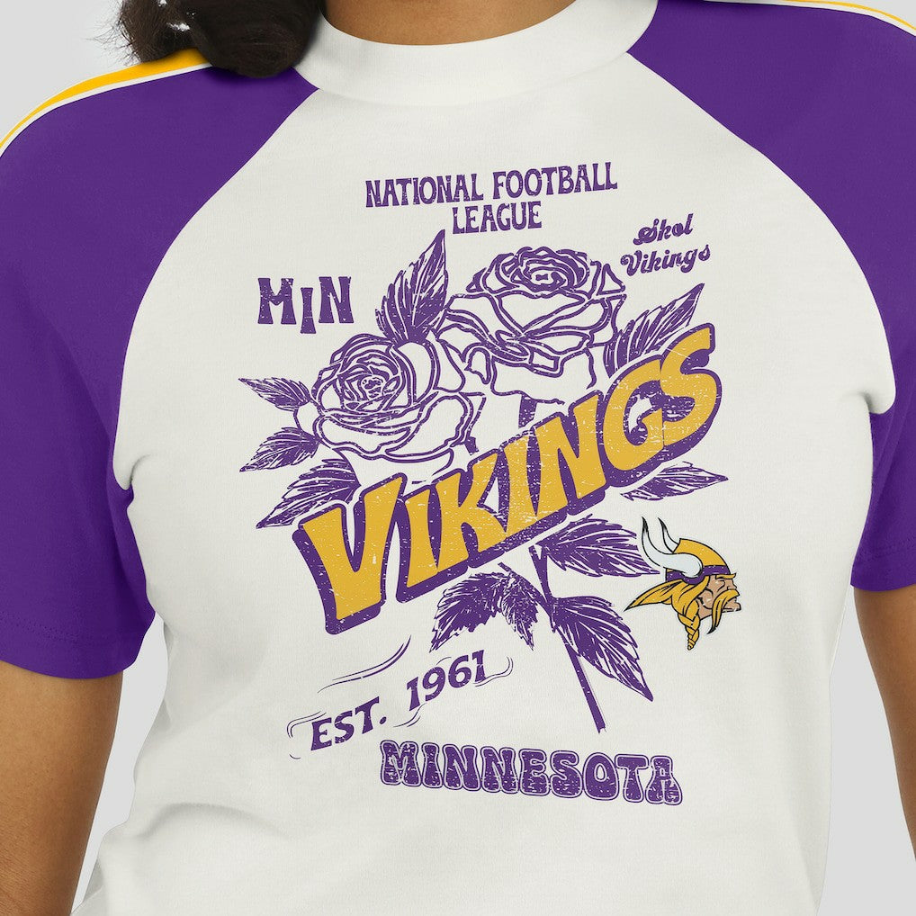 WEAR by Erin Andrews Women's Sleeve Stripe Distressed Raglan T-Shirt - Minnesota Vikings T-shirts