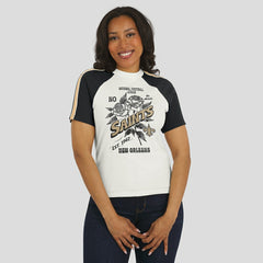 WEAR by Erin Andrews Women's Sleeve Stripe Distressed Raglan T-Shirt - New Orleans Saints T-shirts