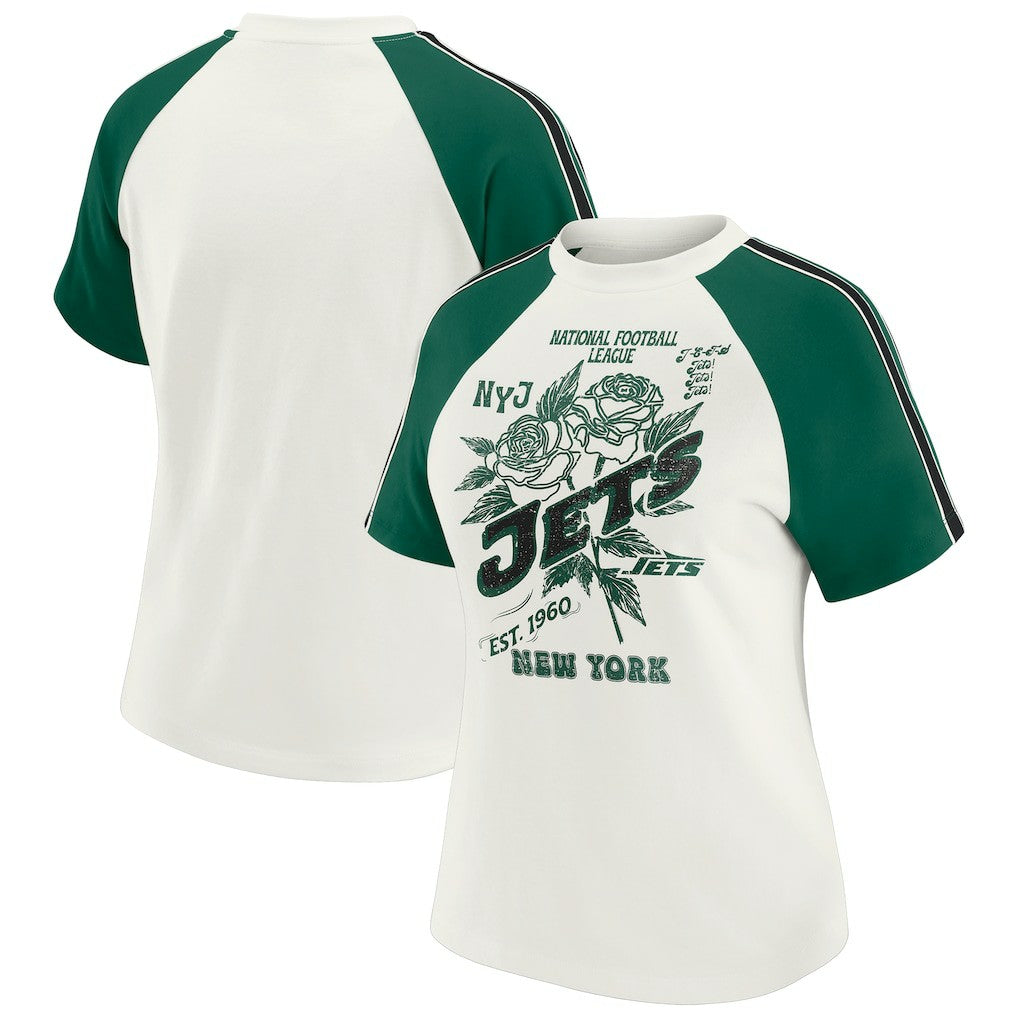 WEAR by Erin Andrews Women's Sleeve Stripe Distressed Raglan T-Shirt - New York Jets T-shirts