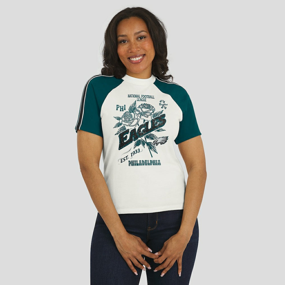 WEAR by Erin Andrews Women's Sleeve Stripe Distressed Raglan T-Shirt - Philadelphia Eagles T-shirts