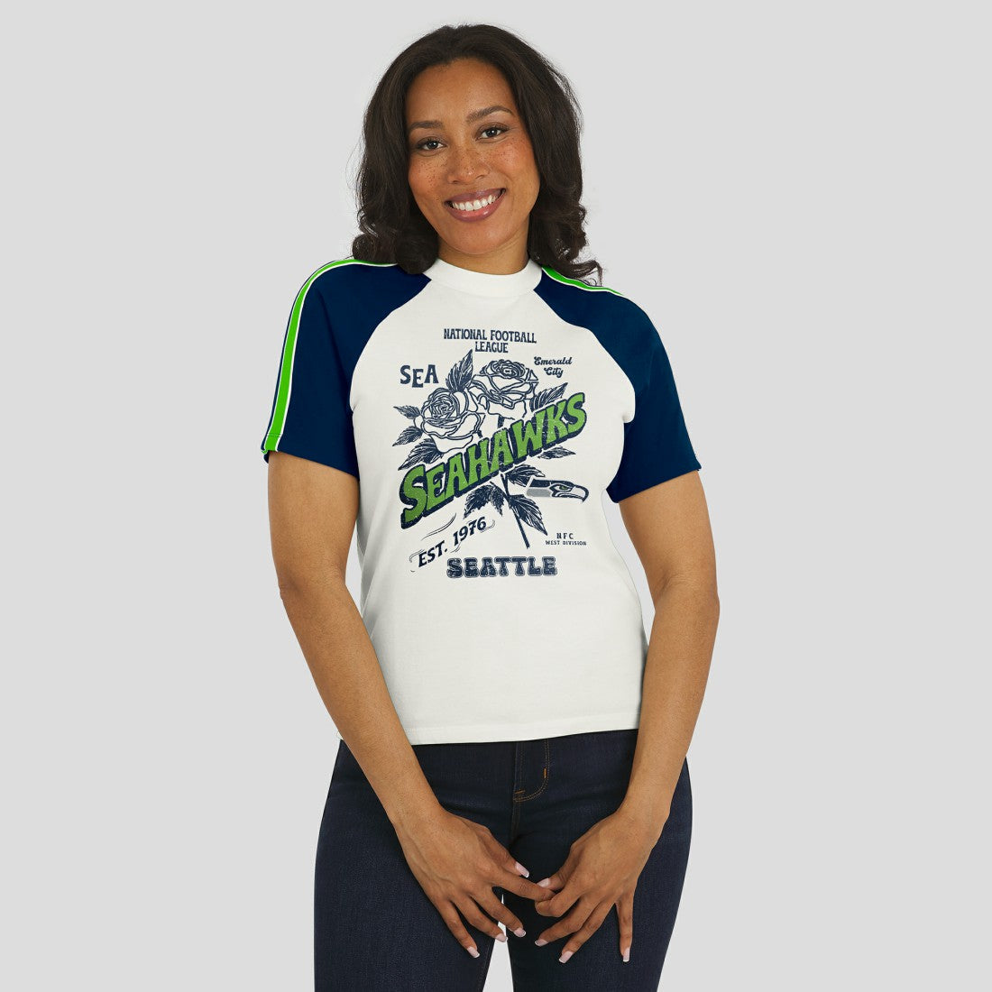 WEAR by Erin Andrews Women's Sleeve Stripe Distressed Raglan T-Shirt - Seattle Seahawks T-shirts