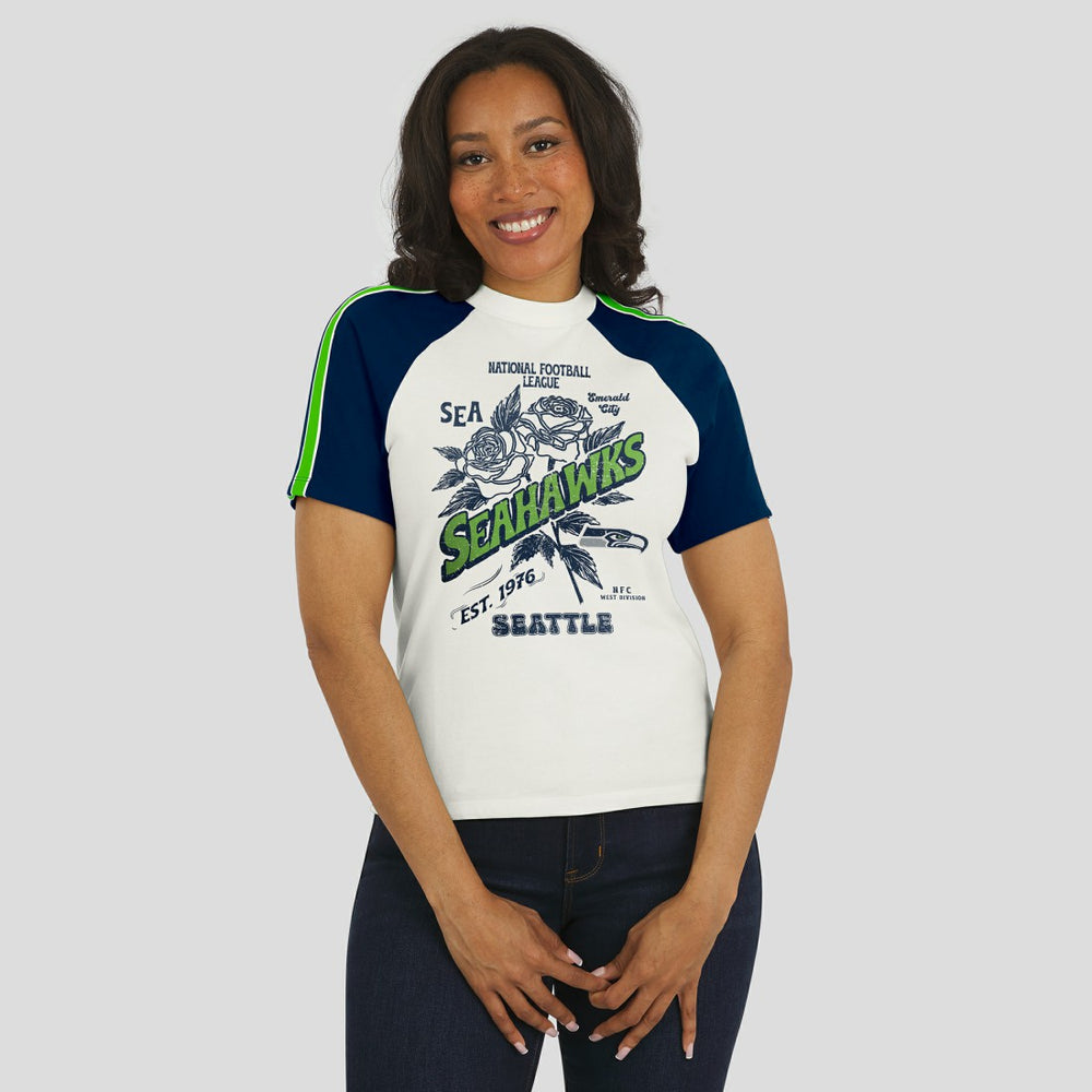 WEAR by Erin Andrews Women's Sleeve Stripe Distressed Raglan T-Shirt - Seattle Seahawks T-shirts