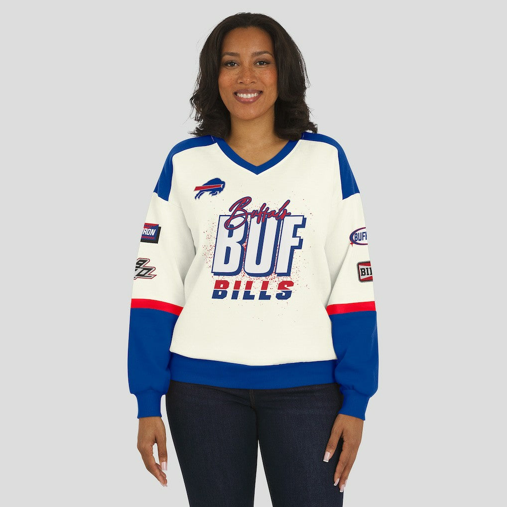 WEAR by Erin Andrews Women's Racing Crew V-Neck Sweatshirt - Buffalo Bills Sweatshirts