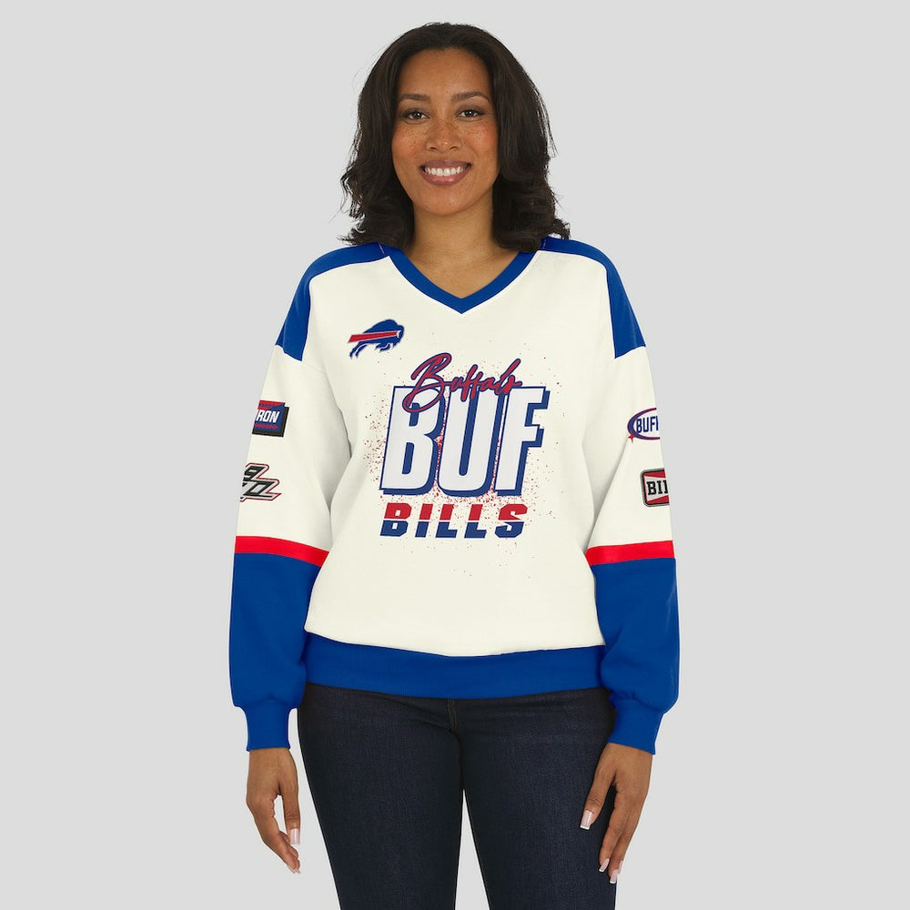 WEAR by Erin Andrews Women's Racing Crew V-Neck Sweatshirt - Buffalo Bills Sweatshirts