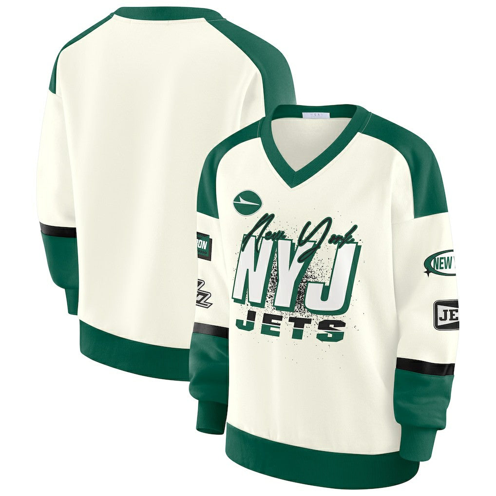 WEAR by Erin Andrews Women's Racing Crew V-Neck Sweatshirt - New York Jets Sweatshirts