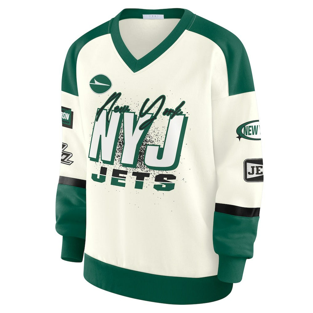 WEAR by Erin Andrews Women's Racing Crew V-Neck Sweatshirt - New York Jets Sweatshirts