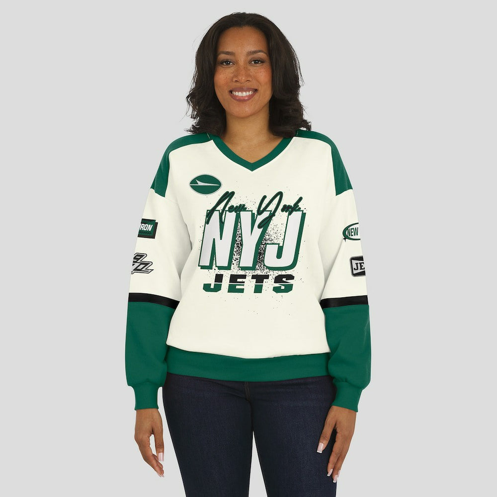 WEAR by Erin Andrews Women's Racing Crew V-Neck Sweatshirt - New York Jets Sweatshirts
