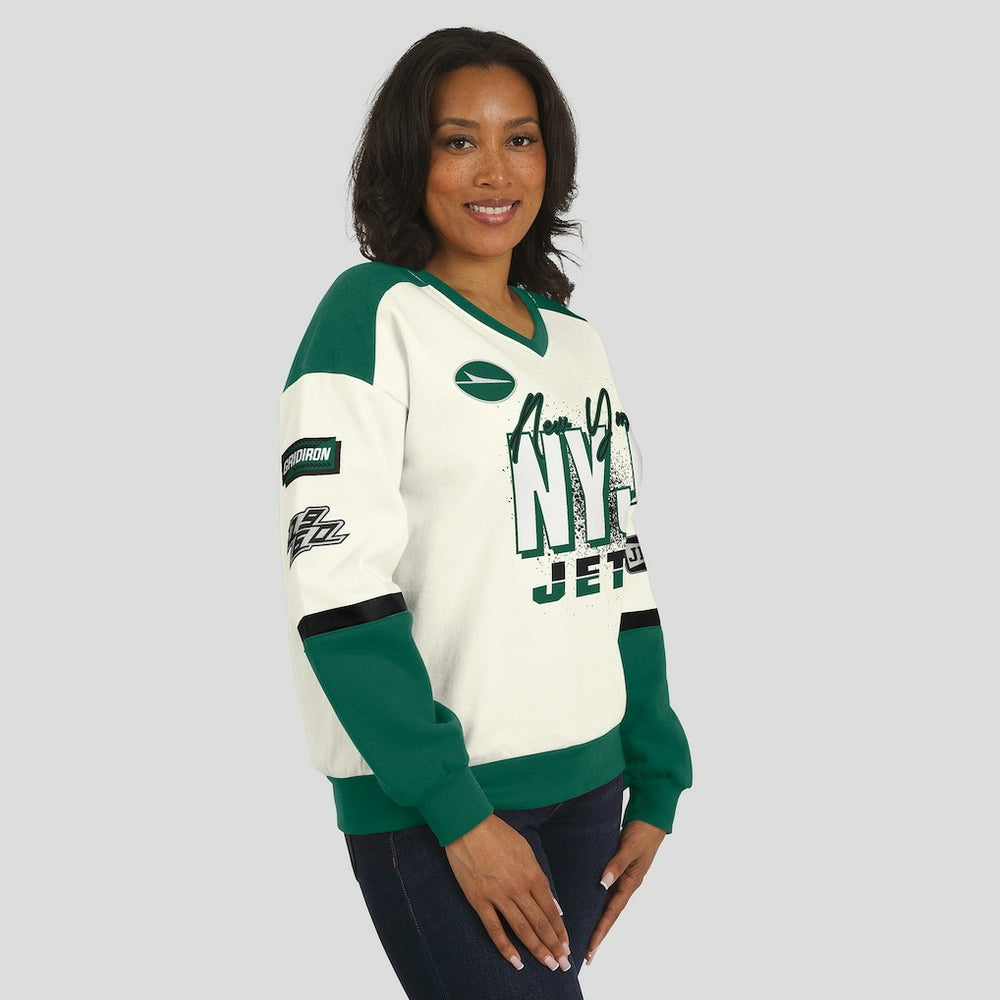 WEAR by Erin Andrews Women's Racing Crew V-Neck Sweatshirt - New York Jets Sweatshirts