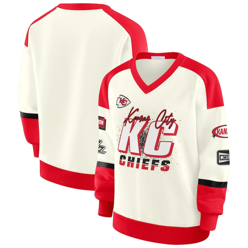 WEAR by Erin Andrews Women's Racing Crew V-Neck Sweatshirt - Kansas City Chiefs Sweatshirts