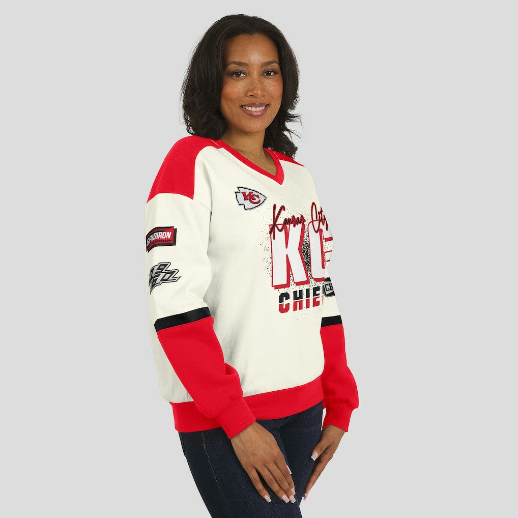 WEAR by Erin Andrews Women's Racing Crew V-Neck Sweatshirt - Kansas City Chiefs Sweatshirts