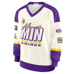 WEAR by Erin Andrews Women's Racing Crew V-Neck Sweatshirt - Minnesota Vikings Sweatshirts