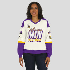 WEAR by Erin Andrews Women's Racing Crew V-Neck Sweatshirt - Minnesota Vikings Sweatshirts