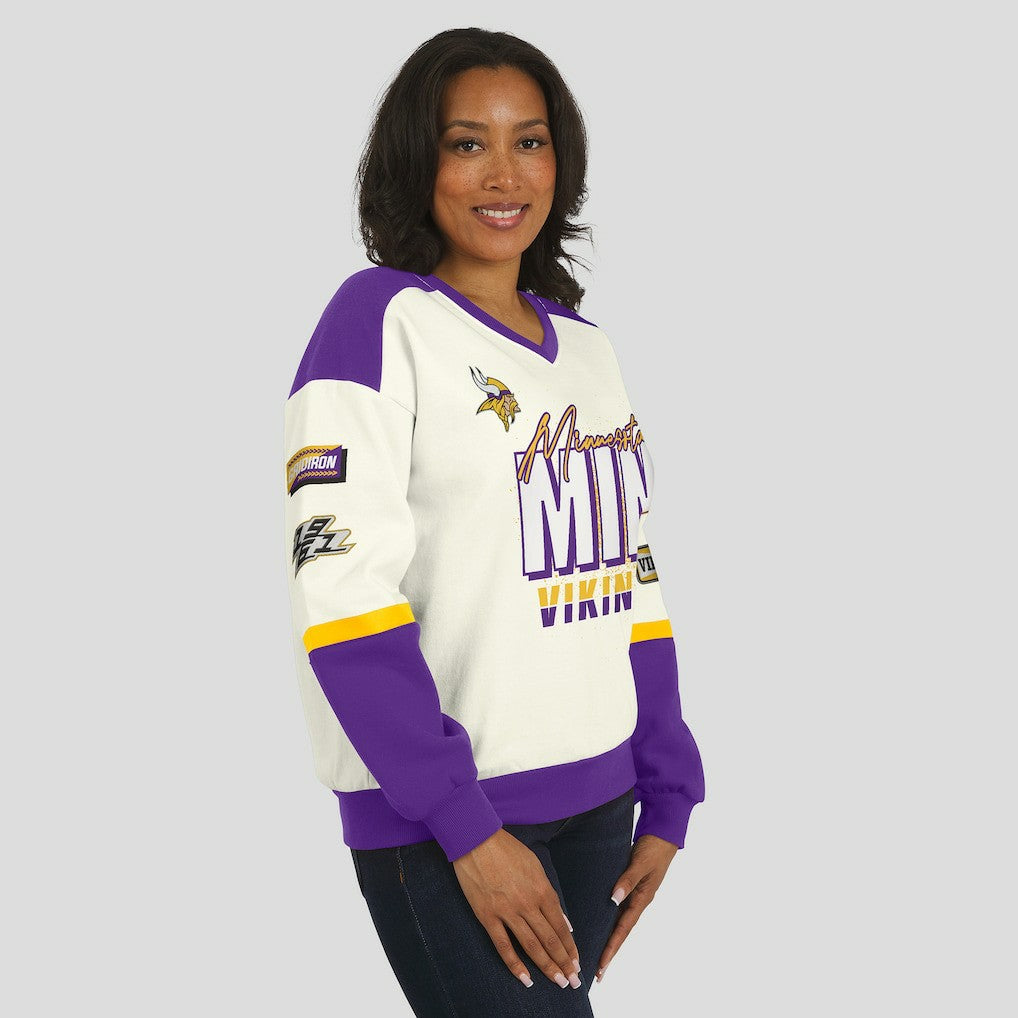 WEAR by Erin Andrews Women's Racing Crew V-Neck Sweatshirt - Minnesota Vikings Sweatshirts