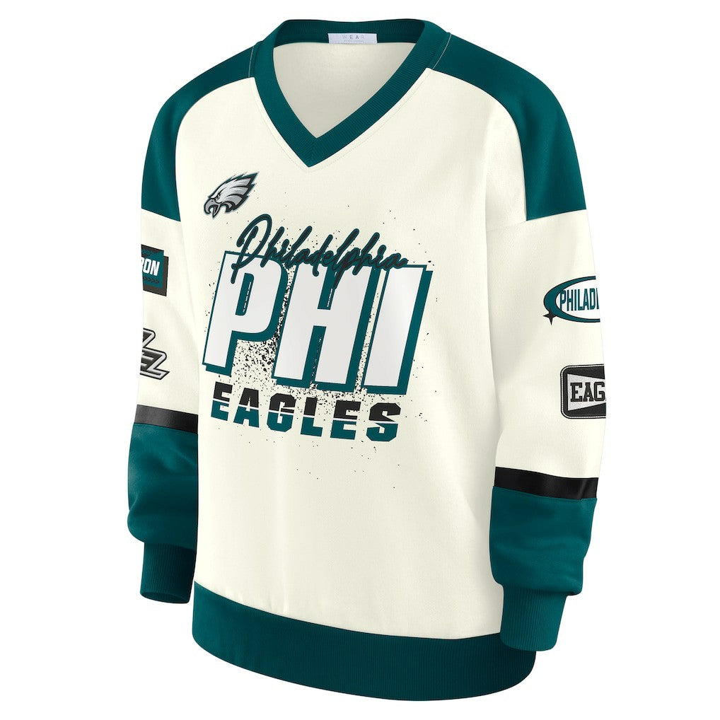 WEAR by Erin Andrews Women's Racing Crew V-Neck Sweatshirt - Philadelphia Eagles Sweatshirts
