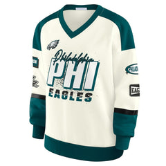 WEAR by Erin Andrews Women's Racing Crew V-Neck Sweatshirt - Philadelphia Eagles Sweatshirts