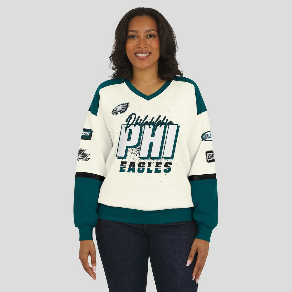 WEAR by Erin Andrews Women's Racing Crew V-Neck Sweatshirt - Philadelphia Eagles Sweatshirts