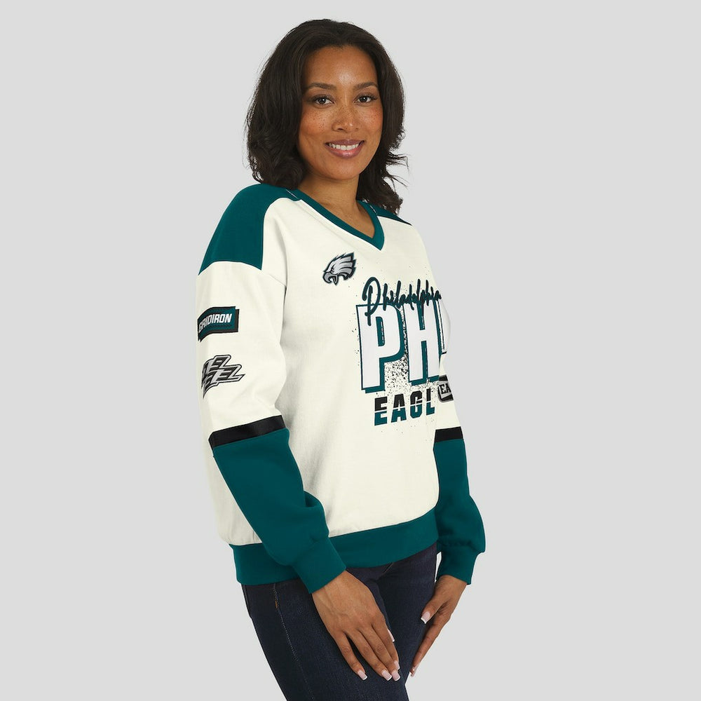 WEAR by Erin Andrews Women's Racing Crew V-Neck Sweatshirt - Philadelphia Eagles Sweatshirts
