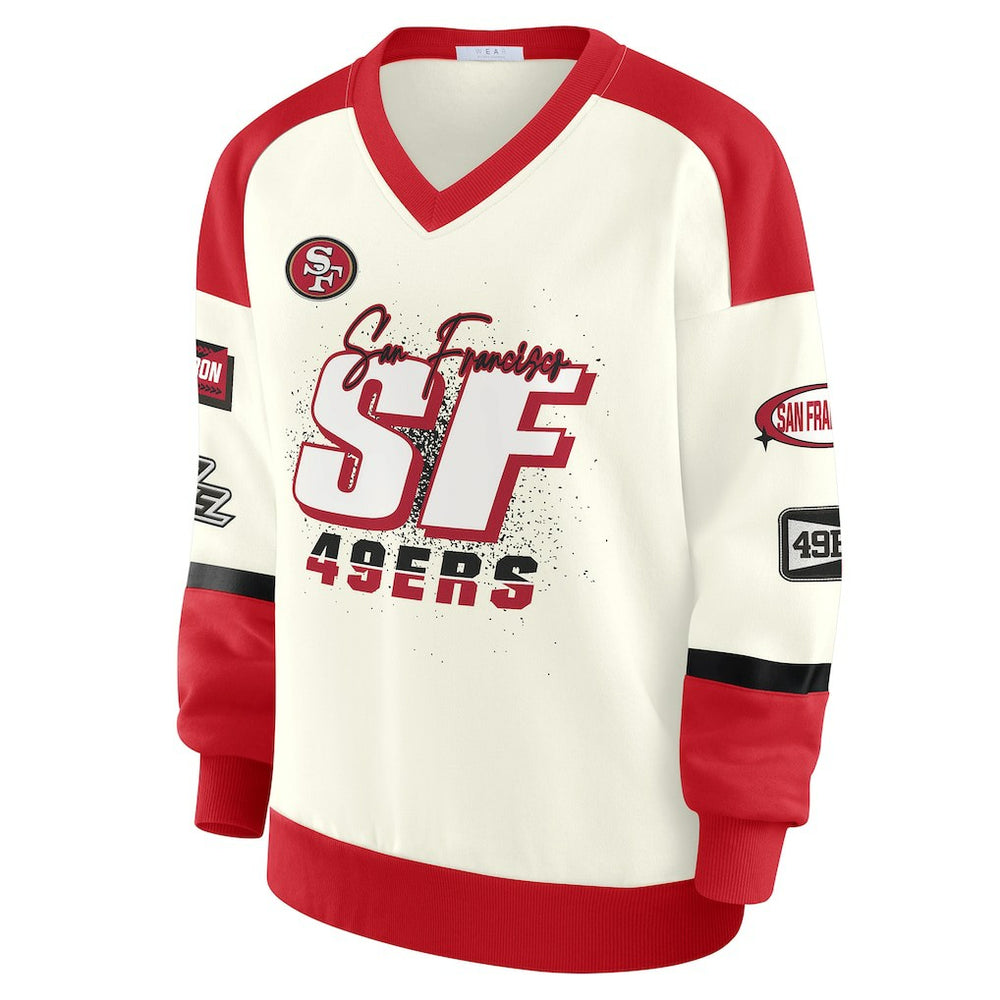 WEAR by Erin Andrews Women's Racing Crew V-Neck Sweatshirt - San Francisco 49ers Sweatshirts