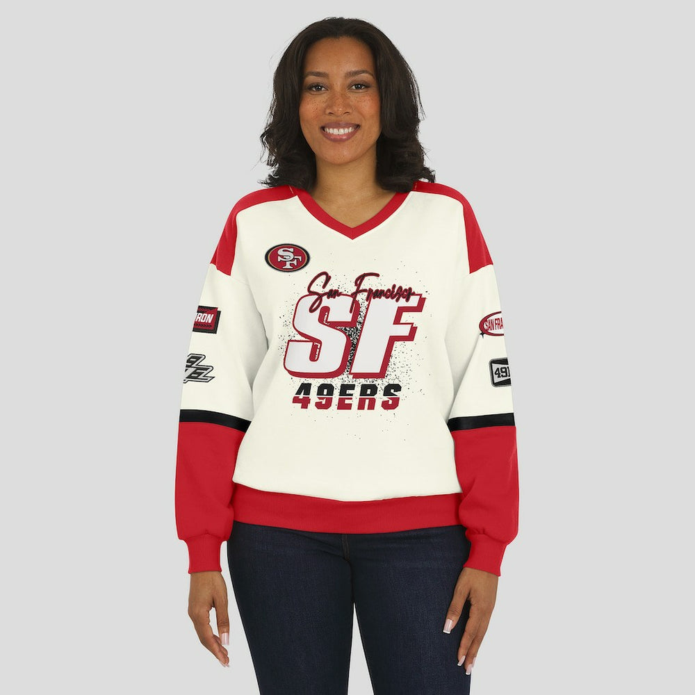 WEAR by Erin Andrews Women's Racing Crew V-Neck Sweatshirt - San Francisco 49ers Sweatshirts