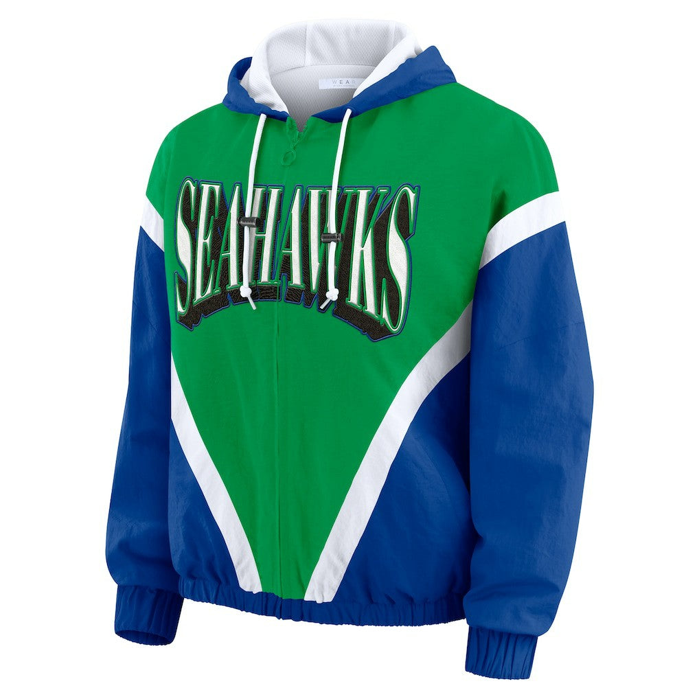 WEAR by Erin Andrews Women's Plus Size Retro Crinkle Full-Zip Hoodie Windbreaker Jacket - Seattle Seahawks Hoodies