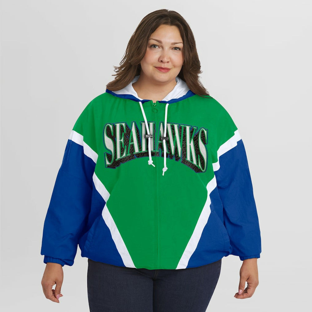 WEAR by Erin Andrews Women's Plus Size Retro Crinkle Full-Zip Hoodie Windbreaker Jacket - Seattle Seahawks Hoodies