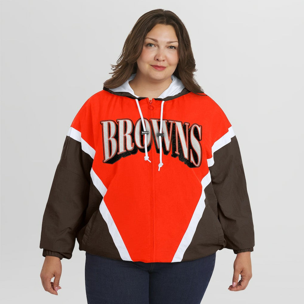 WEAR by Erin Andrews Women's Plus Size Retro Crinkle Full-Zip Hoodie Windbreaker Jacket - Cleveland Browns Hoodies
