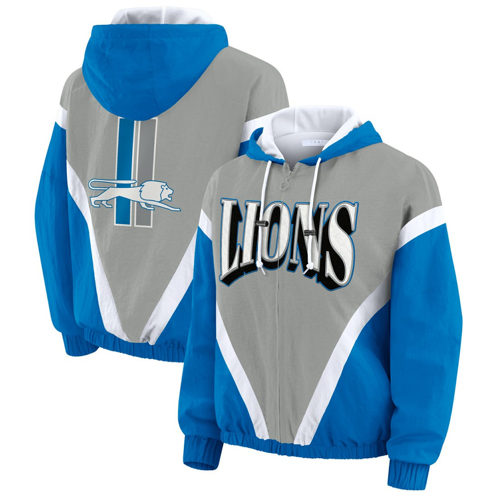 WEAR by Erin Andrews Women's Plus Size Retro Crinkle Full-Zip Hoodie Windbreaker Jacket - Detroit Lions Hoodies