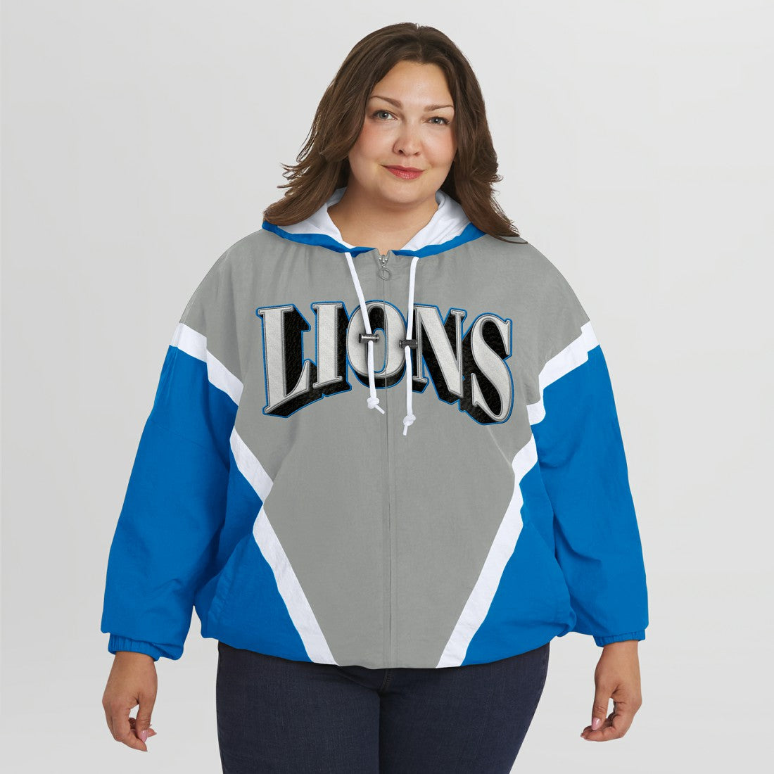 WEAR by Erin Andrews Women's Plus Size Retro Crinkle Full-Zip Hoodie Windbreaker Jacket - Detroit Lions Hoodies