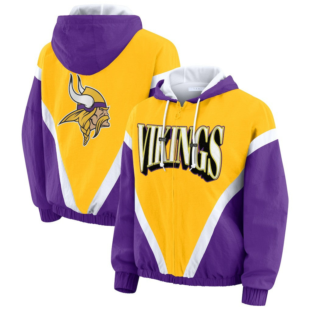 WEAR by Erin Andrews Women's Plus Size Retro Crinkle Full-Zip Hoodie Windbreaker Jacket - Minnesota Vikings Hoodies