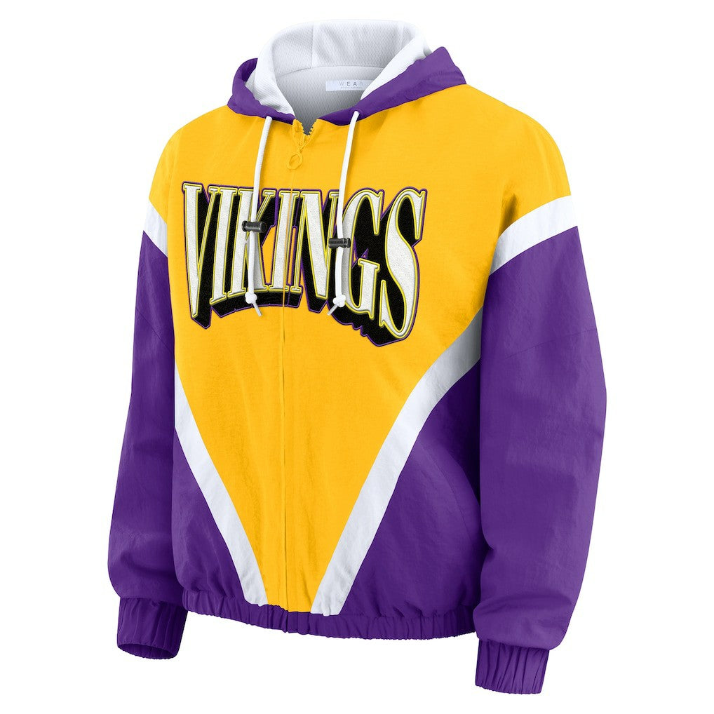 WEAR by Erin Andrews Women's Plus Size Retro Crinkle Full-Zip Hoodie Windbreaker Jacket - Minnesota Vikings Hoodies
