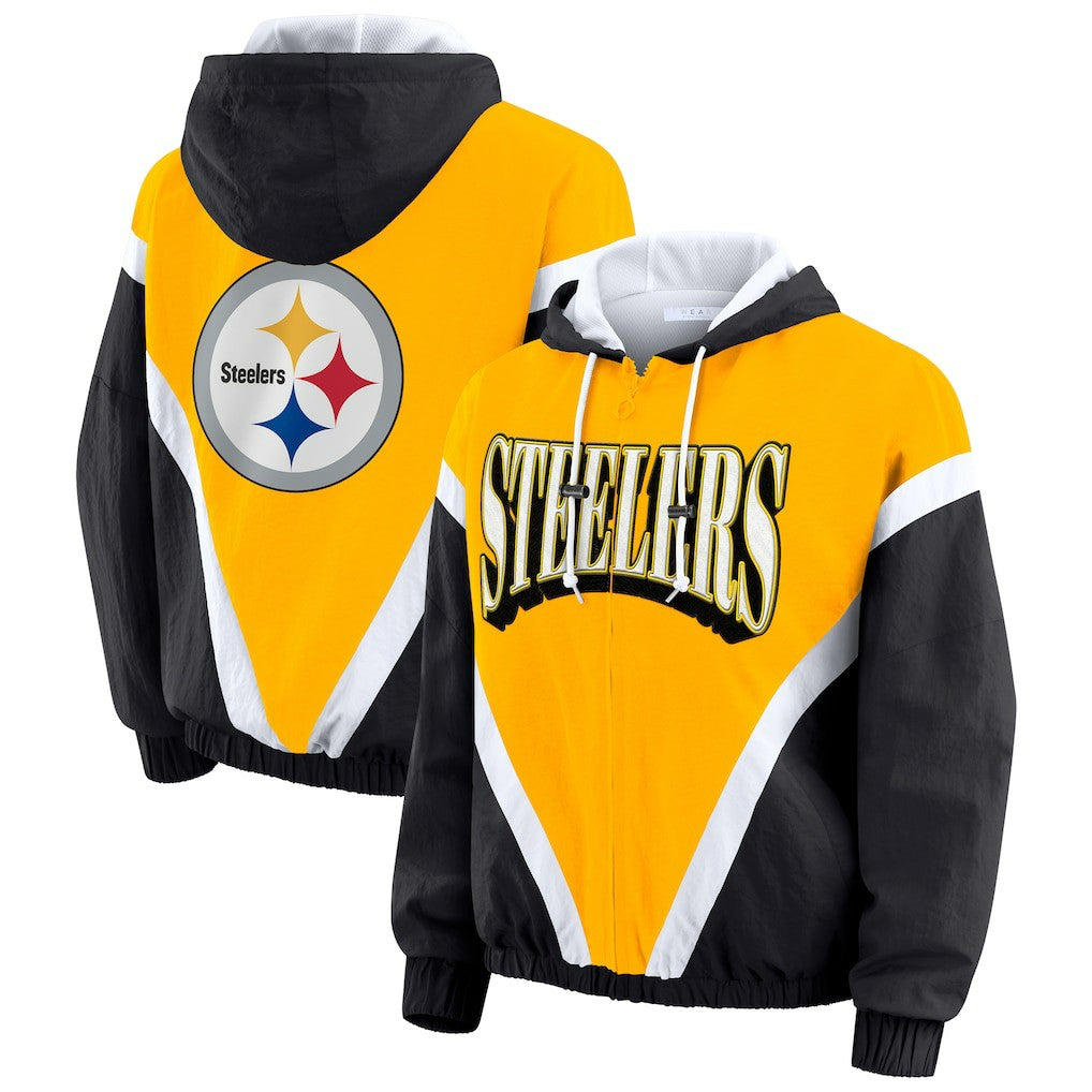 WEAR by Erin Andrews Women's Plus Size Retro Crinkle Full-Zip Hoodie Windbreaker Jacket - Pittsburgh Steelers Hoodies