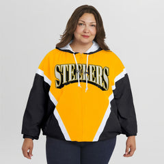 WEAR by Erin Andrews Women's Plus Size Retro Crinkle Full-Zip Hoodie Windbreaker Jacket - Pittsburgh Steelers Hoodies