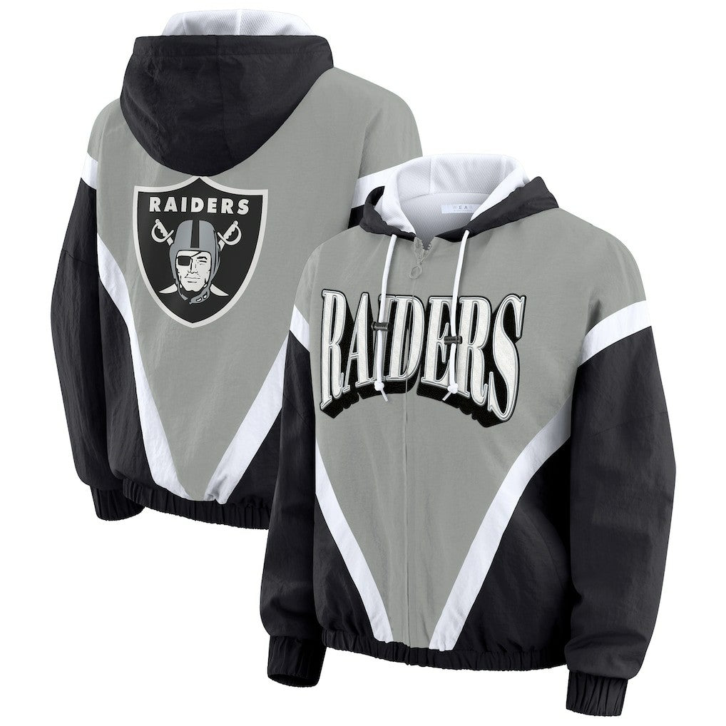 WEAR by Erin Andrews Women's Plus Size Retro Crinkle Full-Zip Hoodie Windbreaker Jacket - Las Vegas Raiders Hoodies