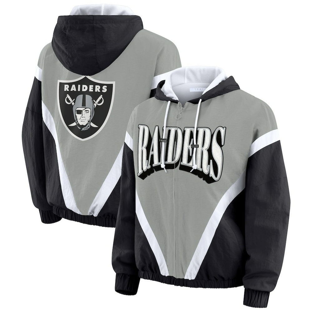 WEAR by Erin Andrews Women's Plus Size Retro Crinkle Full-Zip Hoodie Windbreaker Jacket - Las Vegas Raiders Hoodies