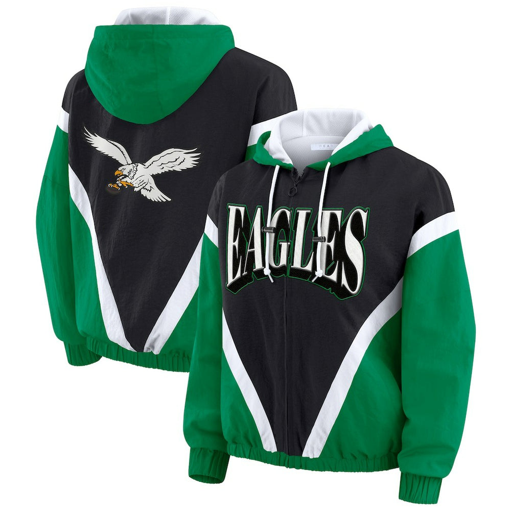 WEAR by Erin Andrews Women's Plus Size Retro Crinkle Full-Zip Hoodie Windbreaker Jacket - Philadelphia Eagles Hoodies