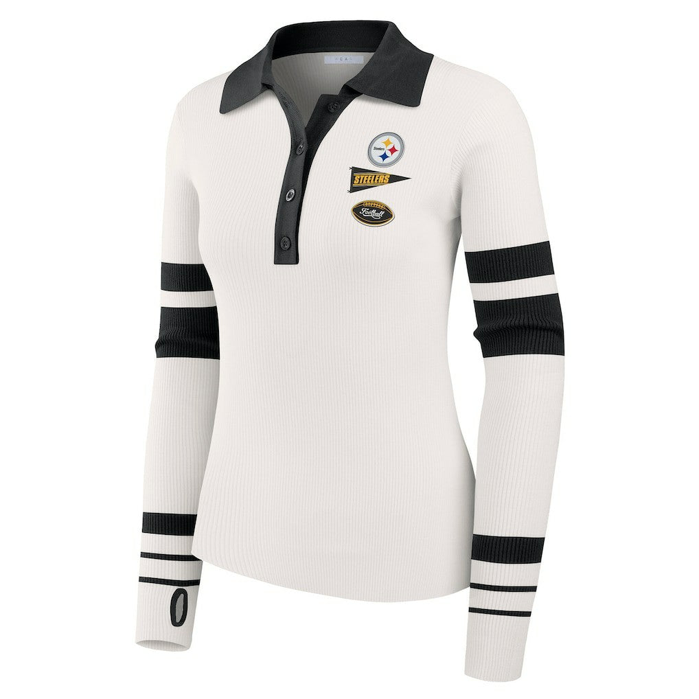 WEAR by Erin Andrews Women's Ribbed Henley Polo Sweater - Pittsburgh Steelers