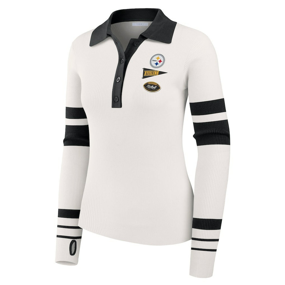 WEAR by Erin Andrews Women's Ribbed Henley Polo Sweater - Pittsburgh Steelers