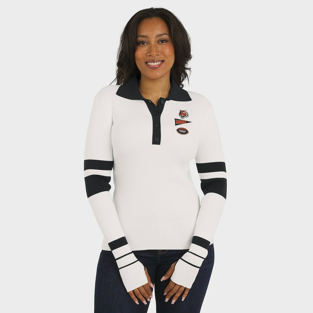 WEAR by Erin Andrews Women's Ribbed Henley Polo Sweater - Cincinnati Bengals