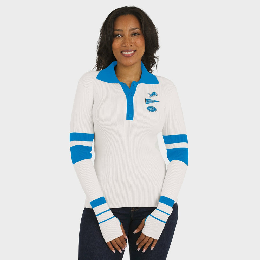WEAR by Erin Andrews Women's Ribbed Henley Polo Sweater - Detroit Lions