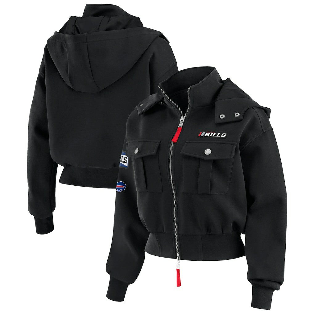 WEAR by Erin Andrews Women's Tri-Blend Patch Pocket Cropped Full-Zip Bomber Hoodie Jacket - Buffalo Bills Hoodies