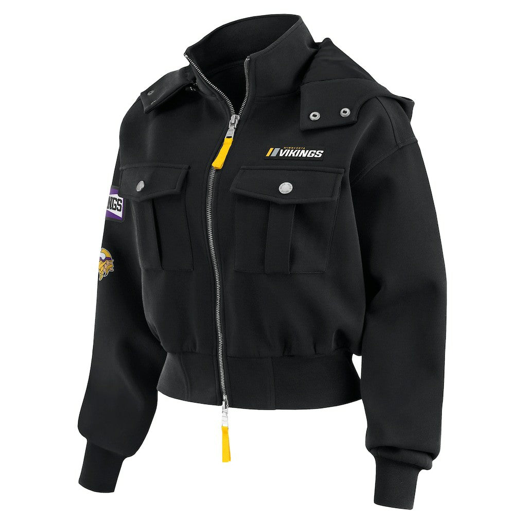 WEAR by Erin Andrews Women's Tri-Blend Patch Pocket Cropped Full-Zip Bomber Hoodie Jacket - Minnesota Vikings Hoodies