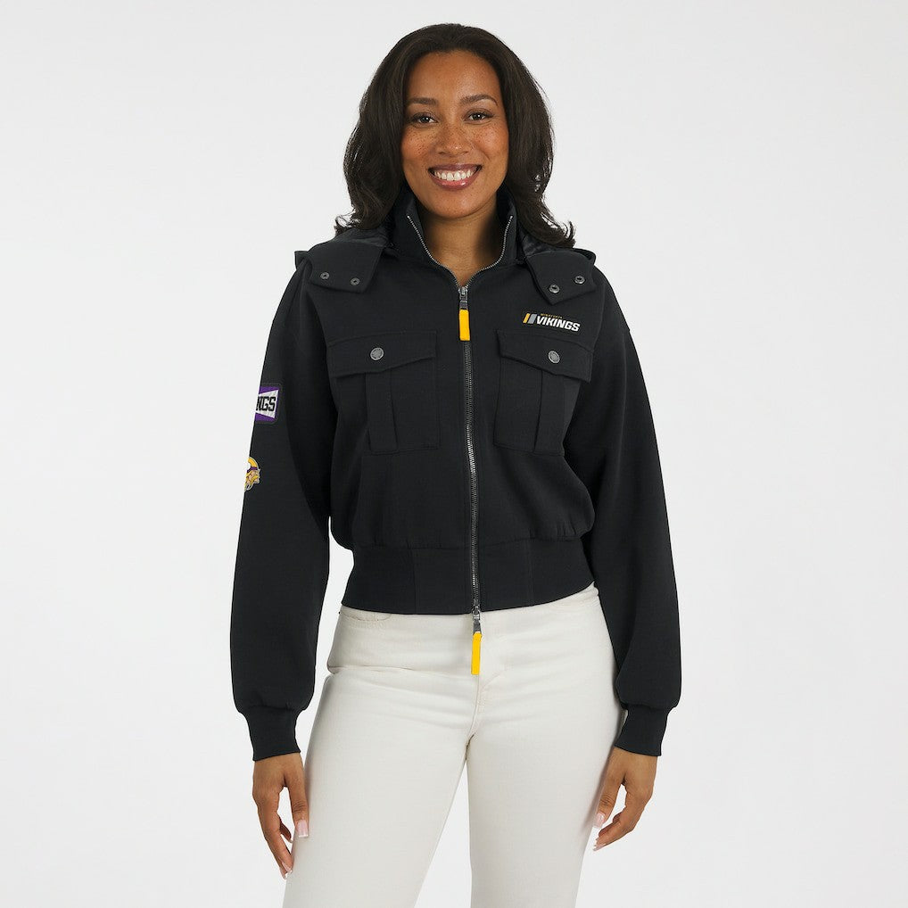 WEAR by Erin Andrews Women's Tri-Blend Patch Pocket Cropped Full-Zip Bomber Hoodie Jacket - Minnesota Vikings Hoodies