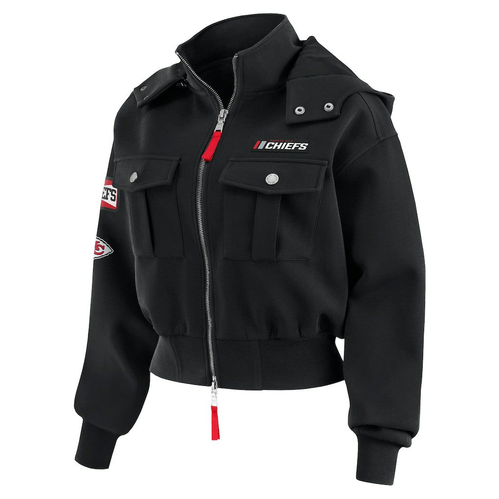 WEAR by Erin Andrews Women's Tri-Blend Patch Pocket Cropped Full-Zip Bomber Hoodie Jacket - Kansas City Chiefs Hoodies